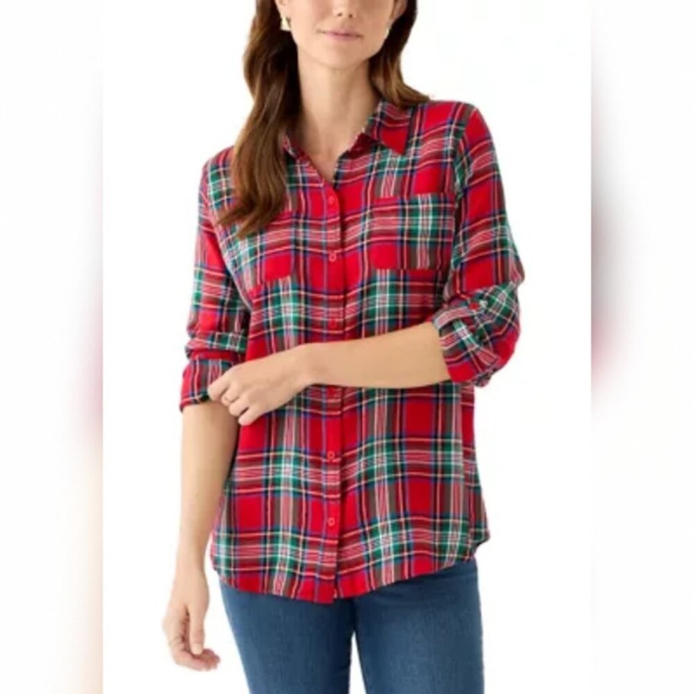 Kim Rogers Women's Shirt Small Red Green Gold Glitter Tartan Plaid Button Up